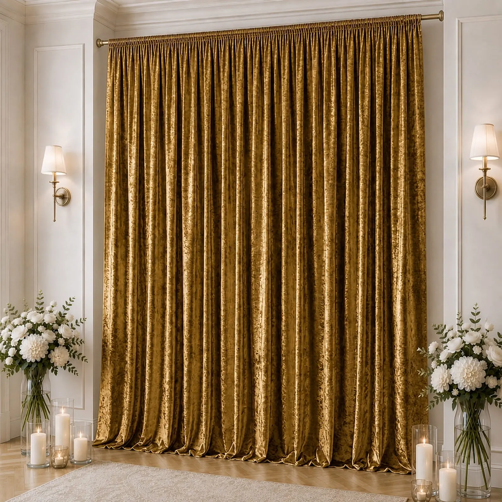 10x16 ft Premium Crushed Velvet Backdrop Curtain Gold - Single Panel Event Decor, Ceiling Drape & Stage Backdrop with Rod Pocket, 70% Blackout