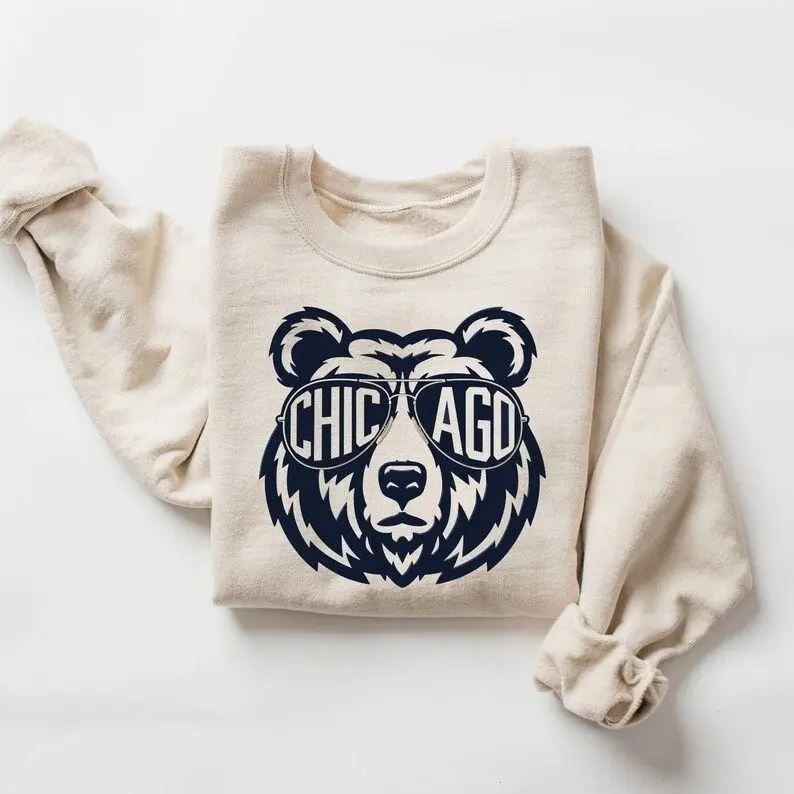 (DEAL TODAY) Windy City Sports Sweatshirt, Retro Bear Glasses Graphic Crewneck, Chicago Football Game Day Fan Gift