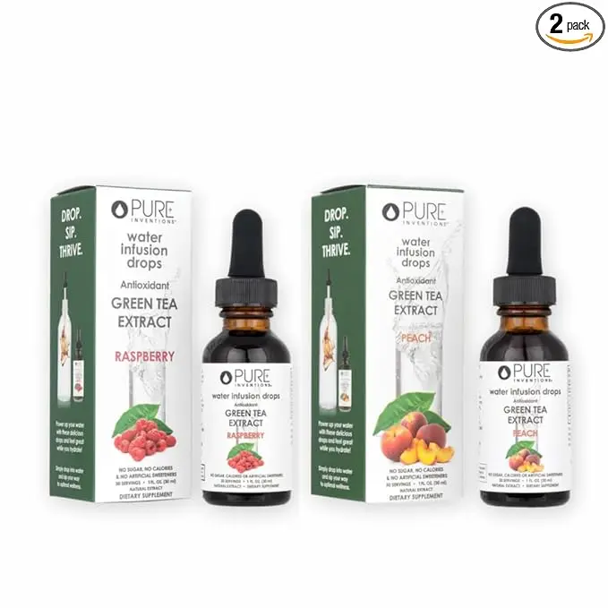 Pure Inventions Premium Green Tea Peach & Raspberry Bundle Premium Water Infusion Drops – Refreshing & Delicious – No Sugar, Calories, or Artificial Sweeteners – 60 Servings