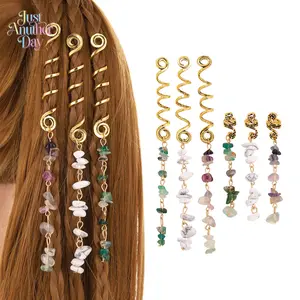 6pcs Natural Stone Hair Charms Set Gold Spiral Dreadlock Accessories with Crystal Pendants Perfect for Braids and Festival Hairstyles Great for Adding Boho Vibes to Your Everyday Look