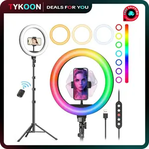 12’’ RGB Selfie Ring Light with 65’’ Tripod & Phone Holder, 10 Dimming Levels with Multiple Colors, Great for Recording, Streaming, Makeup, and Vlog Cellphone Smartphone