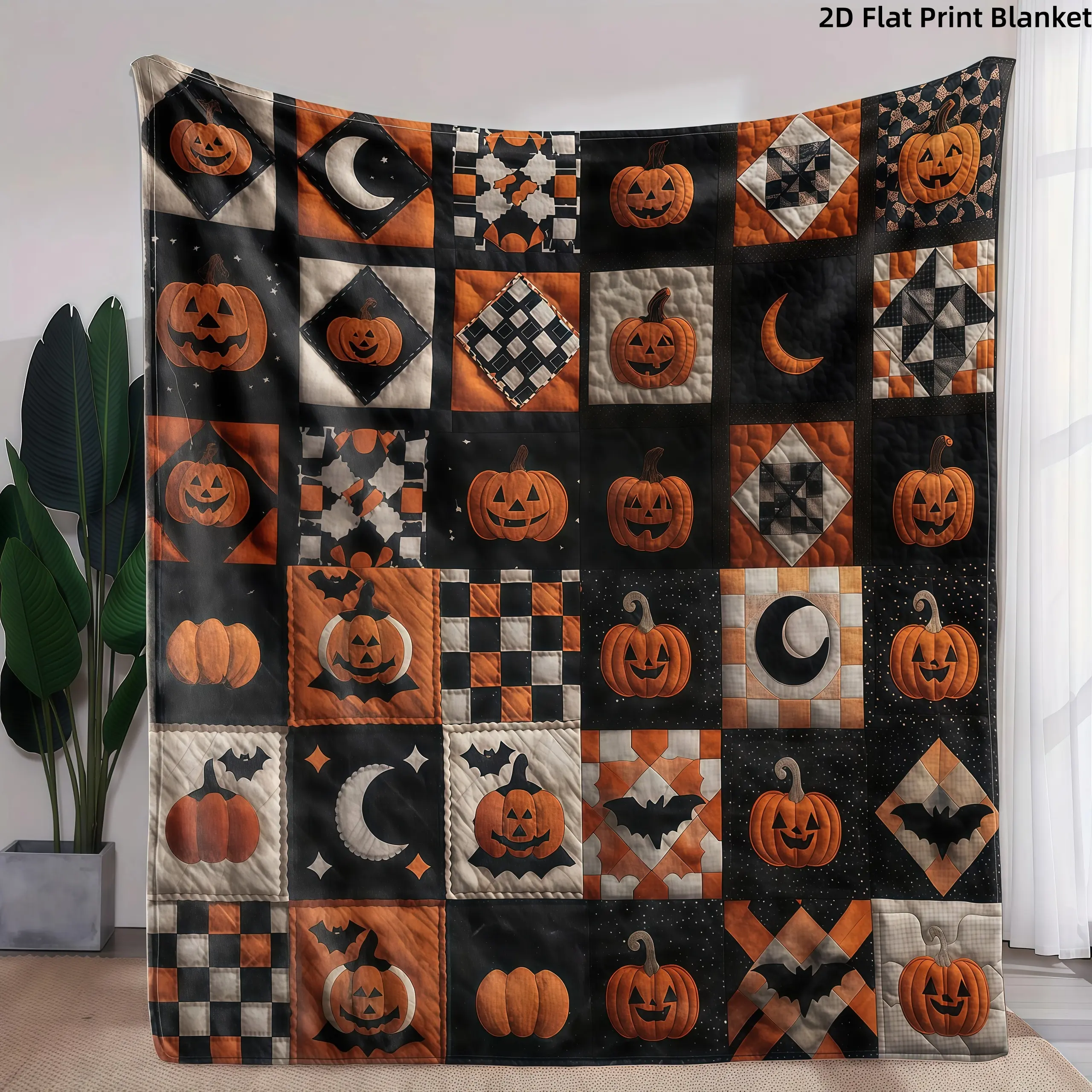 Retro Jack O Lantern Geometric Checkerboard Print  Blanket Soft Warm Throw Plush Blanket Classic Black Orange Bat Moon Country Farm Aesthetic Bedroom Couch Nap Blanket Giftable Vintage Harvest Halloween Decor Blanket For Room Party