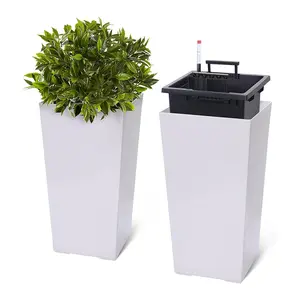Tall Planters Set of 2, Self-Watering Indoor Outdoor White Plant Pots with Drainage Holes, Water Level Monitor & Inner Bucket, Decorative Automatic Watering Planter Pots for Patio Porch Home Office