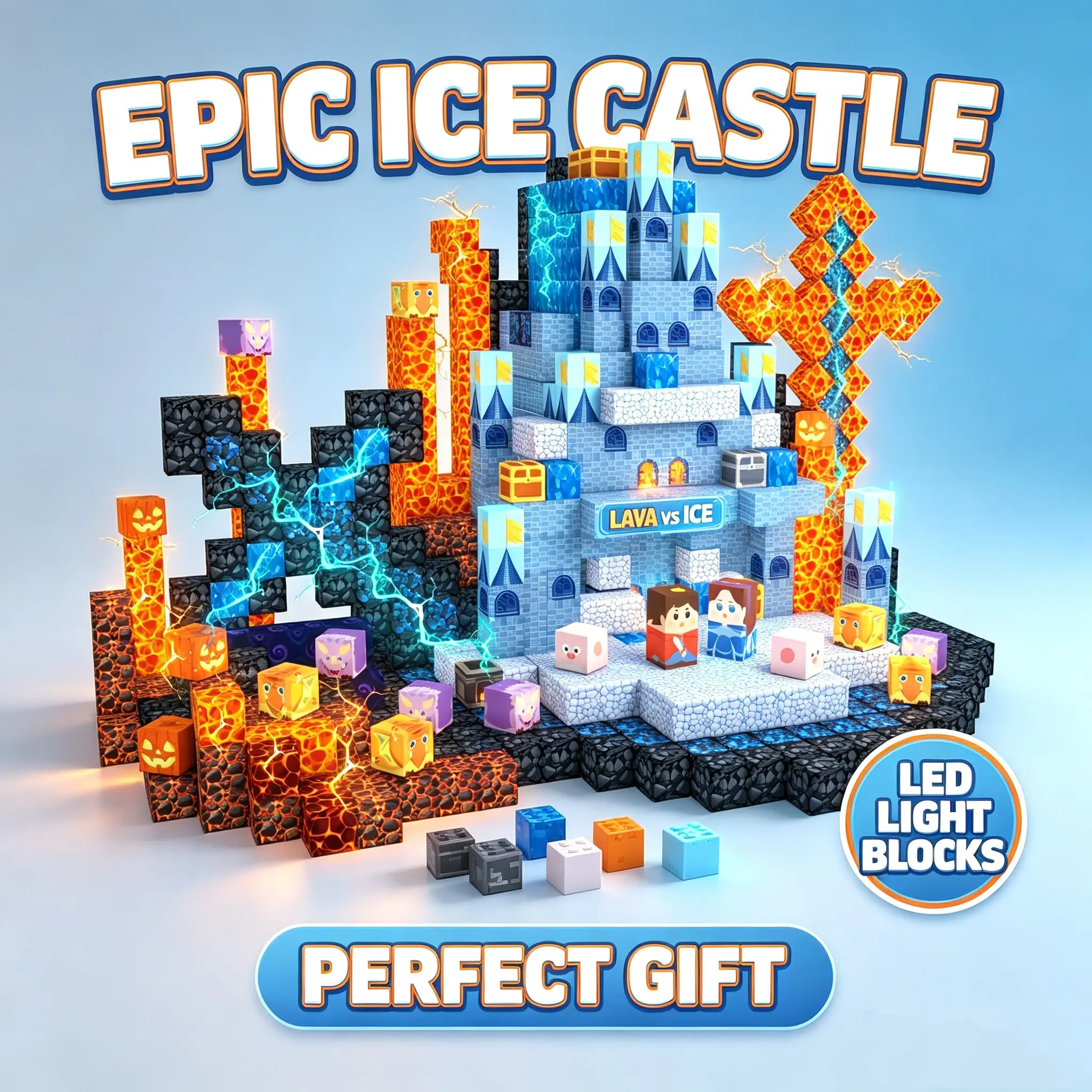 DIY Fantasy Blue Castle 100 LED Night Lamp Building Blocks Kit, Creative Set for 4-6 Years Olds, Supports Children Development, Birthday Gift (Compatible with Video Games Themed Play)