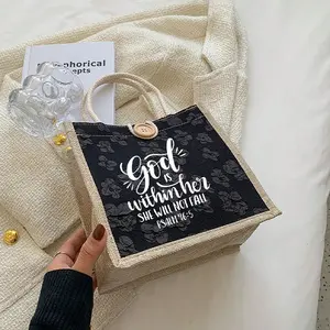 Simple patterned Christian print Faith Expression linen tote bag, the perfect gift to express your faith.  Features button decoration, double handles, and is reusable. Suitable for weddings, birthdays, beach trips, holidays, and more.