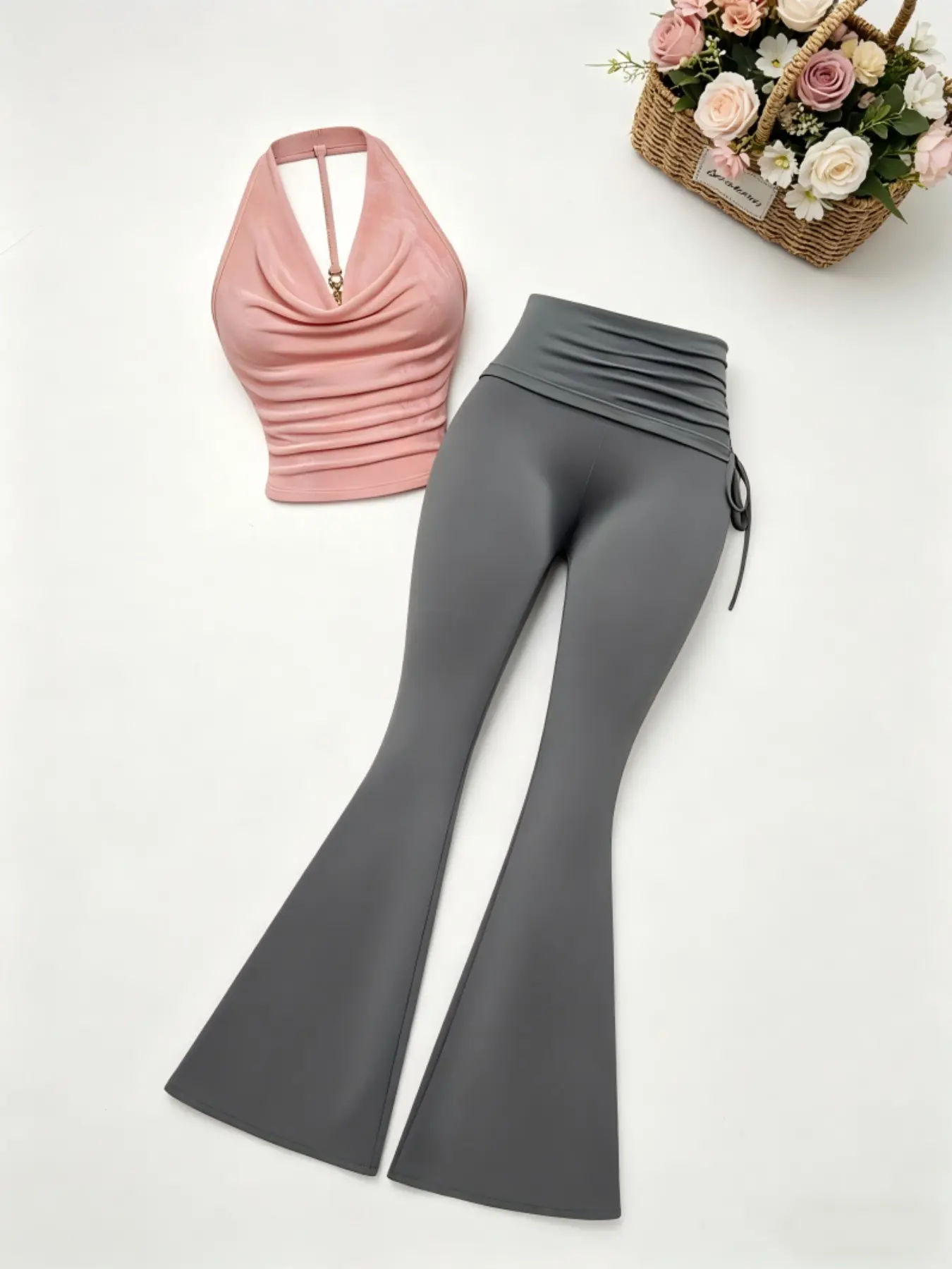 Summer Sexy Backless Metal Chain Buckle Halter Top, Slim Fit Casual Pure Color Foldover Adjustable Drawstring Waist Comfort Leg Shaping Bell Bottoms Pants Set
