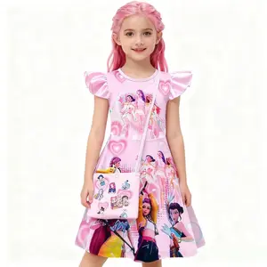 NewGirls KPOP Demon Hunter Huntrix Role Printed Sleeve Dress with Bag,Rumi Mira Zoey Character Design Outfits Casual Fit for Kids 3-14 Years