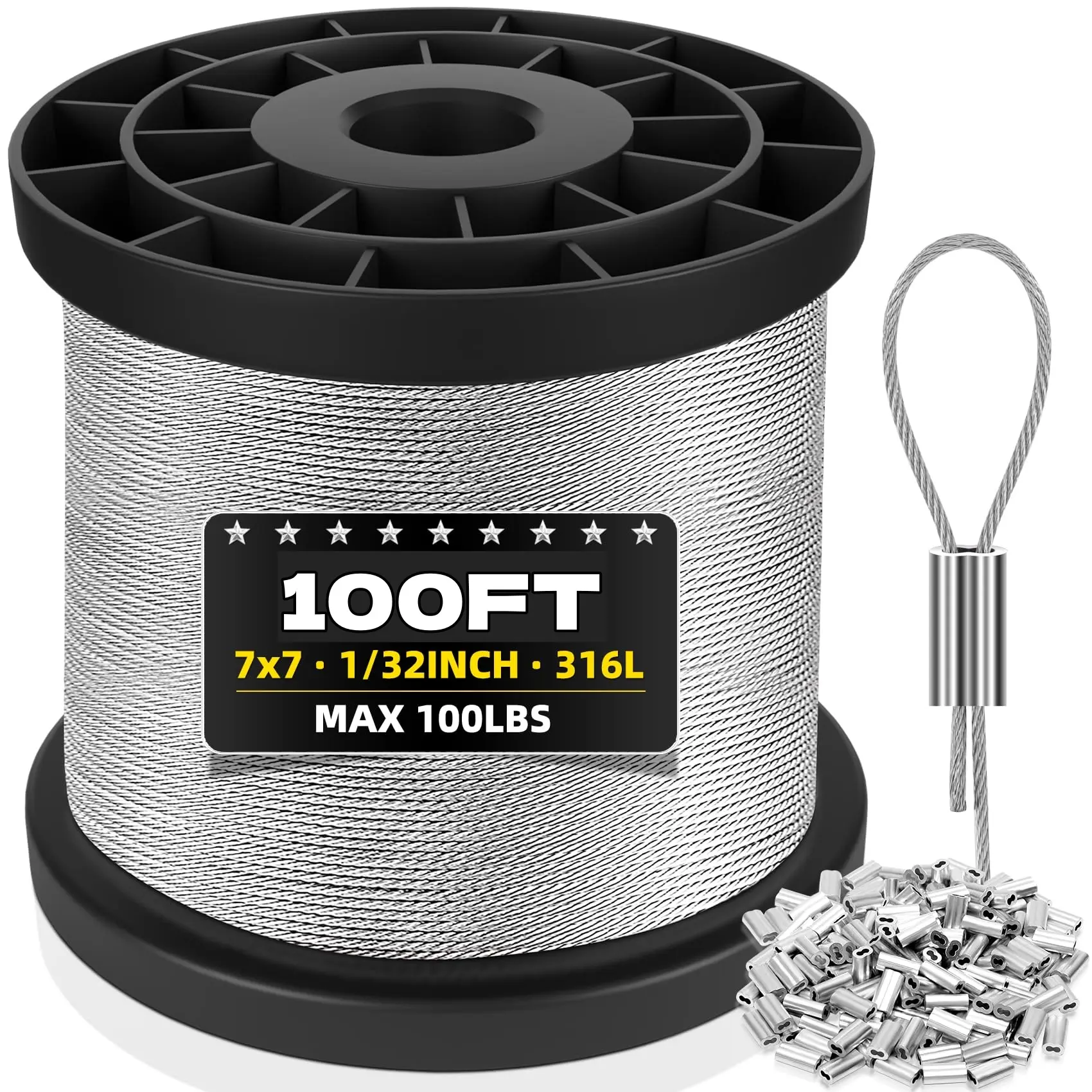 WERHOO T316 Stainless Steel Cable, 1/32IN Wire Rope with Sleeves Stops, for String Lights Hanging, Clotheslines, Trellis Wire, 100FT, 200FT, 400FT, 600FT, 800FT, 1000FT
