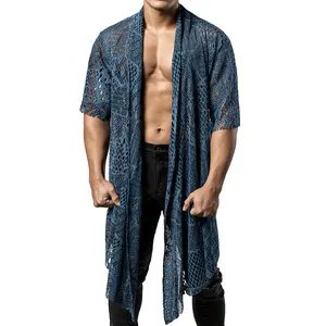 JOGAL Mens Mesh Fishnet See Through Cardigan Ruffle Shawl Collar Open Front Top