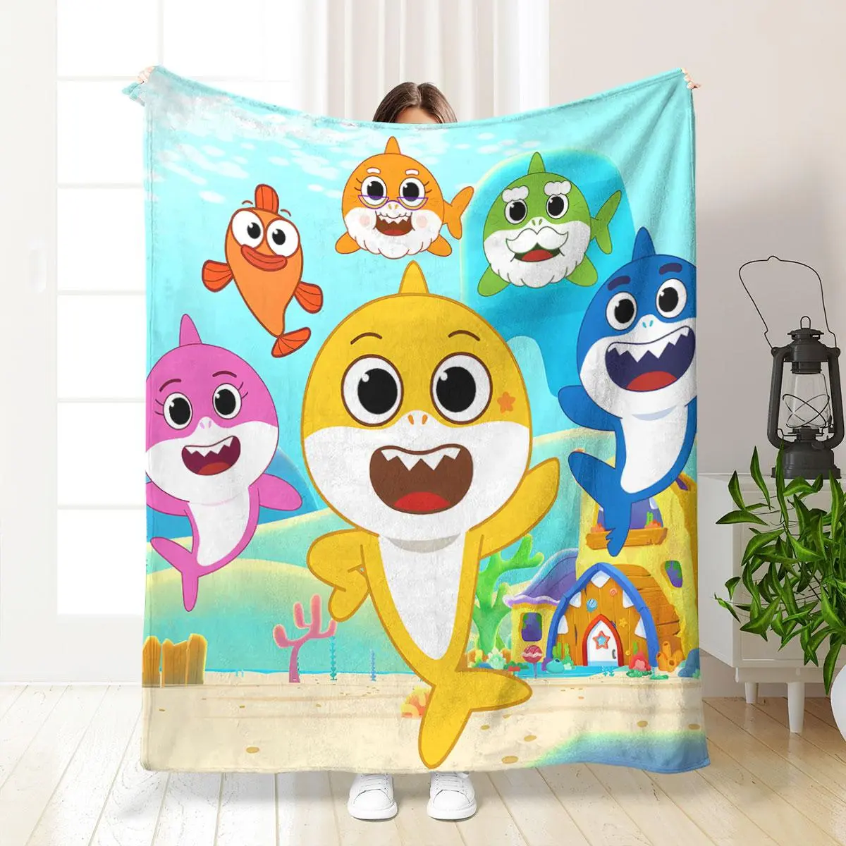 Cartoon Shark Pattern Blanket, Soft Throw Blanket, Air-conditioned Room Blanket, Warm Nap Blanket for Home & Office & Travel