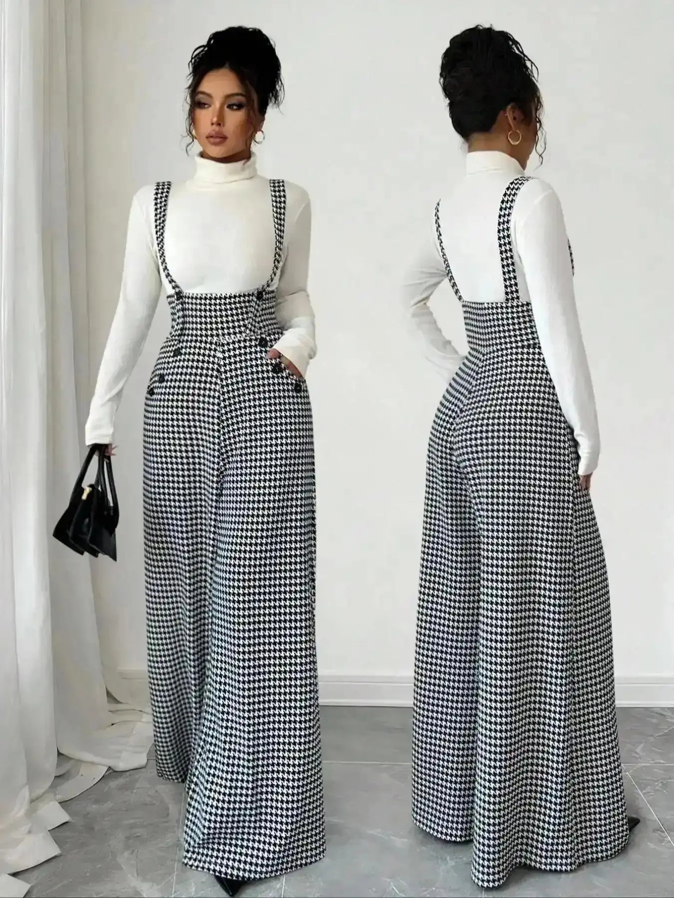 Women's Knitted Houndstooth Plaid Print Belted Pants, Button, Elegant Fall/Winter Fashion, Long with Front Zipper and Pockets, Casual Commuter Wear, Comfort, Cozy, Versatile, Style, Outfit, Essential, Trendy