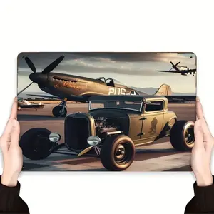 1pc 2D Plane Retro Biplane and Classic Car Metal Sign - 8x 12inch Retro Iron Wall Art, For Bars, Homes, Outdoor Use, Home Decor Supplies - Gift for Aviation and Car Enthusiasts, Metal Wall Art