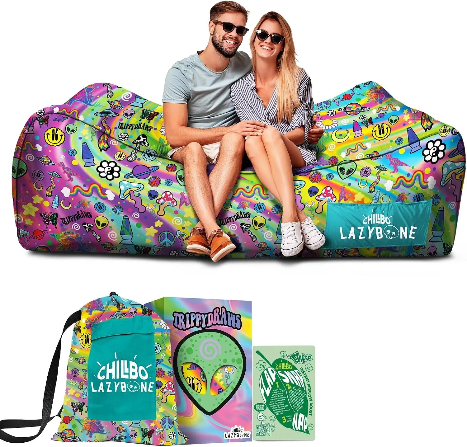 Inflatable Couch – Unique Designs - No-Pump Setup, Ripstop Polyester, Stability Pegs, Fun Prints - Portable Air Inflatable Lounger for Beach, Camping, Festivals, and Tailgating