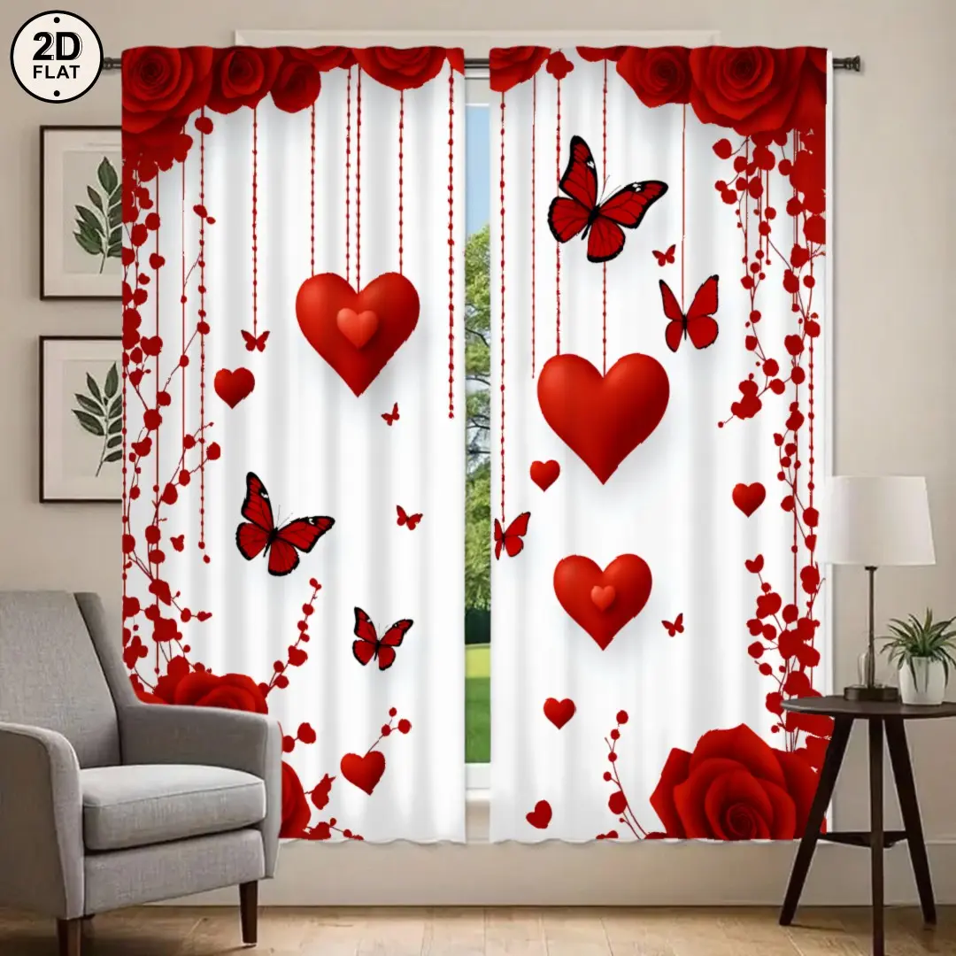 2D Flat Printing Curtains Set, Heart Butterfly Rose Pattern Design, Ideal Valentine Gift for Friends & Lovers, Easy Install Decorative Solution, Window Curtain, Home Decoration Curtain