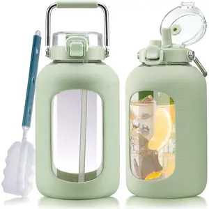 Large Glass Water Bottles with Stainless Steel Handle,100 oz Gallon Drinking Bottle with 2-in-1 Straw Lid,3 Liter Glass Water Jug with  Sleeve,Wide Mouth,Light Green