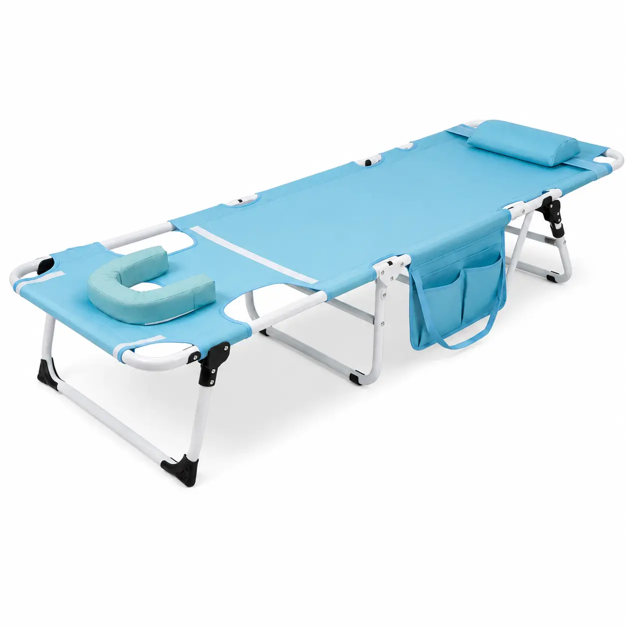 Portable Folding Chaise Lounge Chair - 72x22 in, Adjustable Back, Compact Folded, Face Hole & Arm Openings, Lay-Flat Tanning Lounger with Carry Strap, 250 lb Capacity, for Beach & Pool, Outdoor Relaxation, Blue