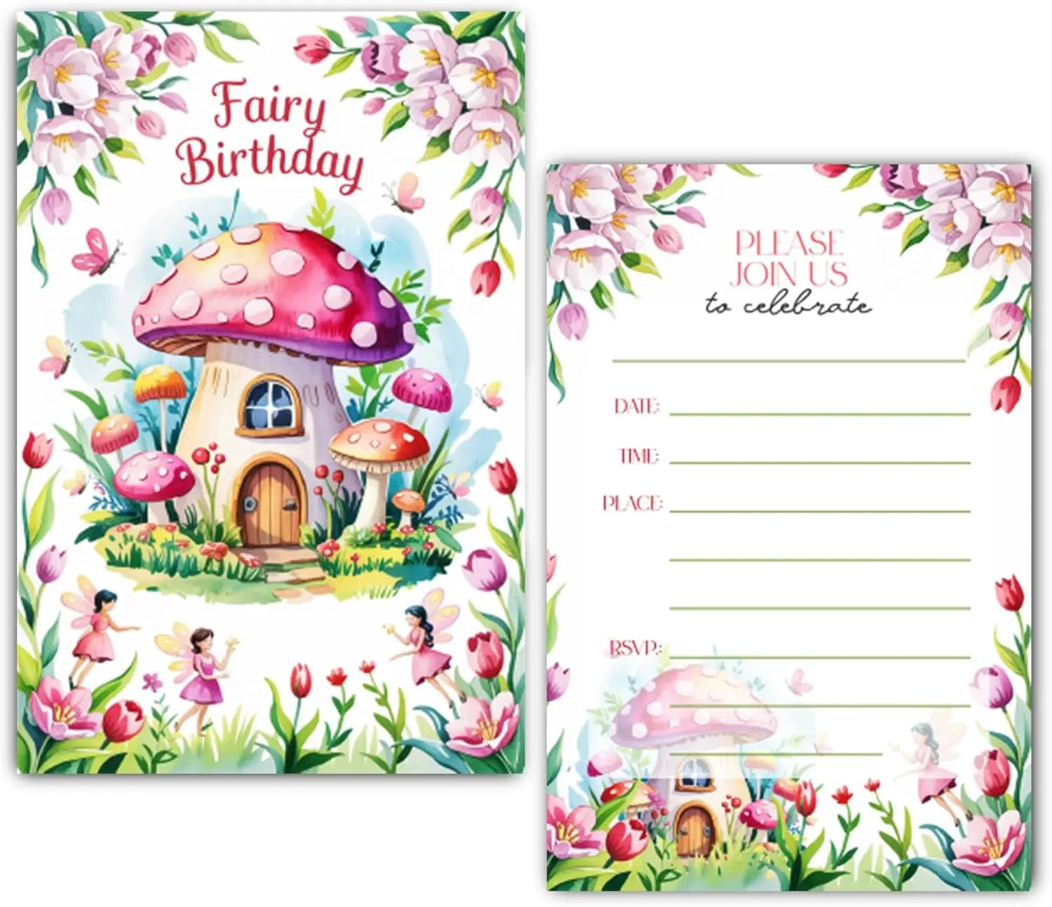 Fairy Birthday Party Invitation for Girls, 30 Cards With 30 Envelopes