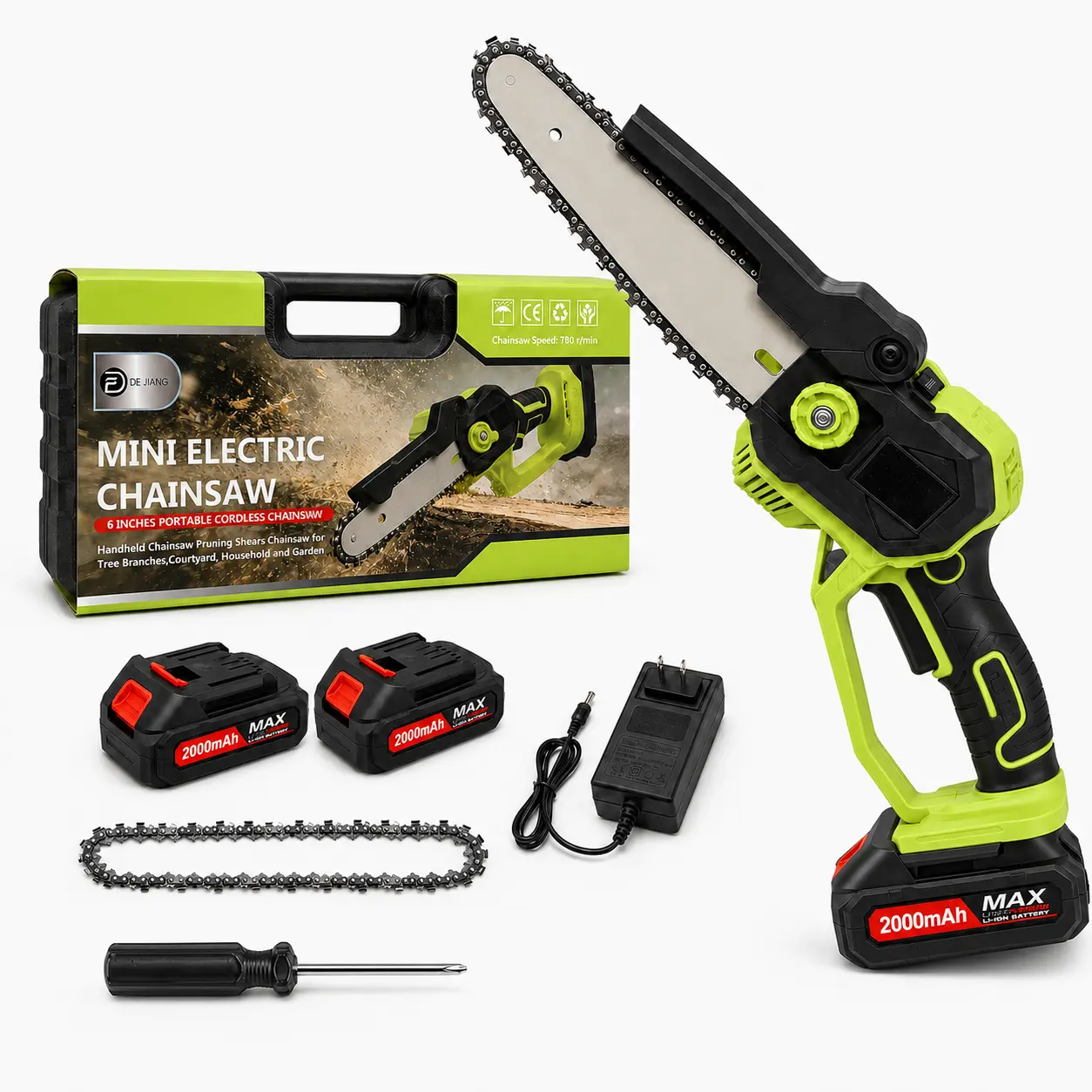 【2026 New】6-Inch Cordless Mini Electric Chainsaw with 2×2000mAh Batteries & Carrying Case, Rechargeable Handheld Pruning Saw for Wood Cutting, Garden Trimming，Party Gift