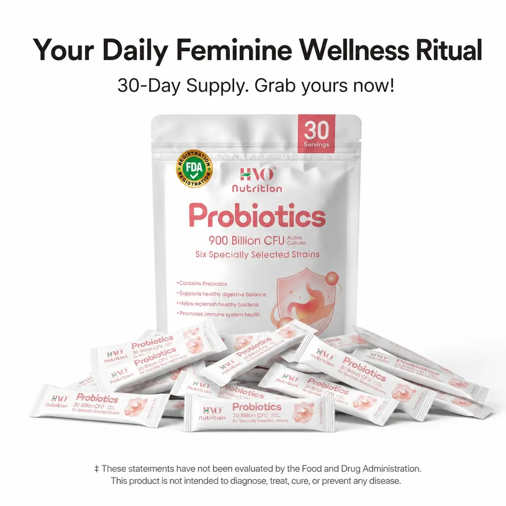HVO Nutrition Women's Daily Probiotics Sticks - 30-Count Sugar-Free Fast-Melt Sachets for Adults, 30B CFU, 6 Clinically Studied Strains with Prebiotic Fiber, pH Balance, Feminine Freshness, Digestion Boost, Gut Support