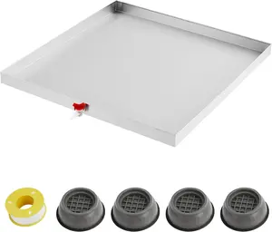 27 x 25 Inch Stainless Steel Washing Machine Drain Pan with Drain Hole & Hose Adapte, Heavy Duty Washer Drip Tray for Floor Protection, Includes 4 Suction Cup Pads & PTFE Tape for Laundry Room