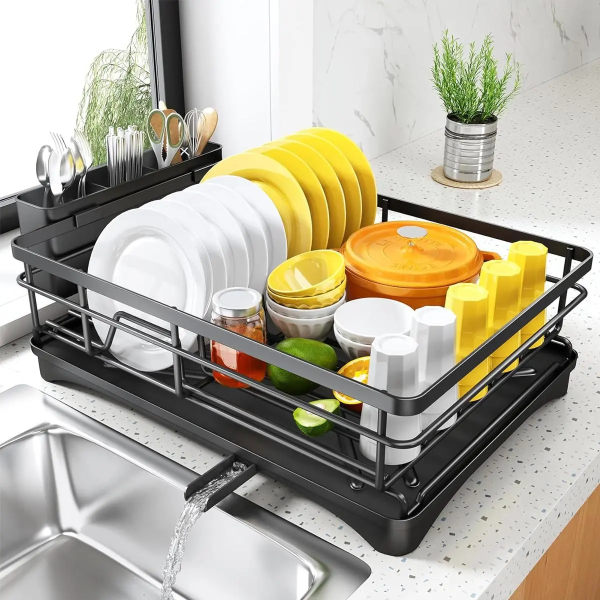 Single Layer Dish Rack with Drain Tray, Dish Drainer, Large Capacity Space Saver for Kitchen, Must-Have Kitchen Organizer, Simplify Dish Storage & Enhance Kitchen Efficiency, Home Organizer