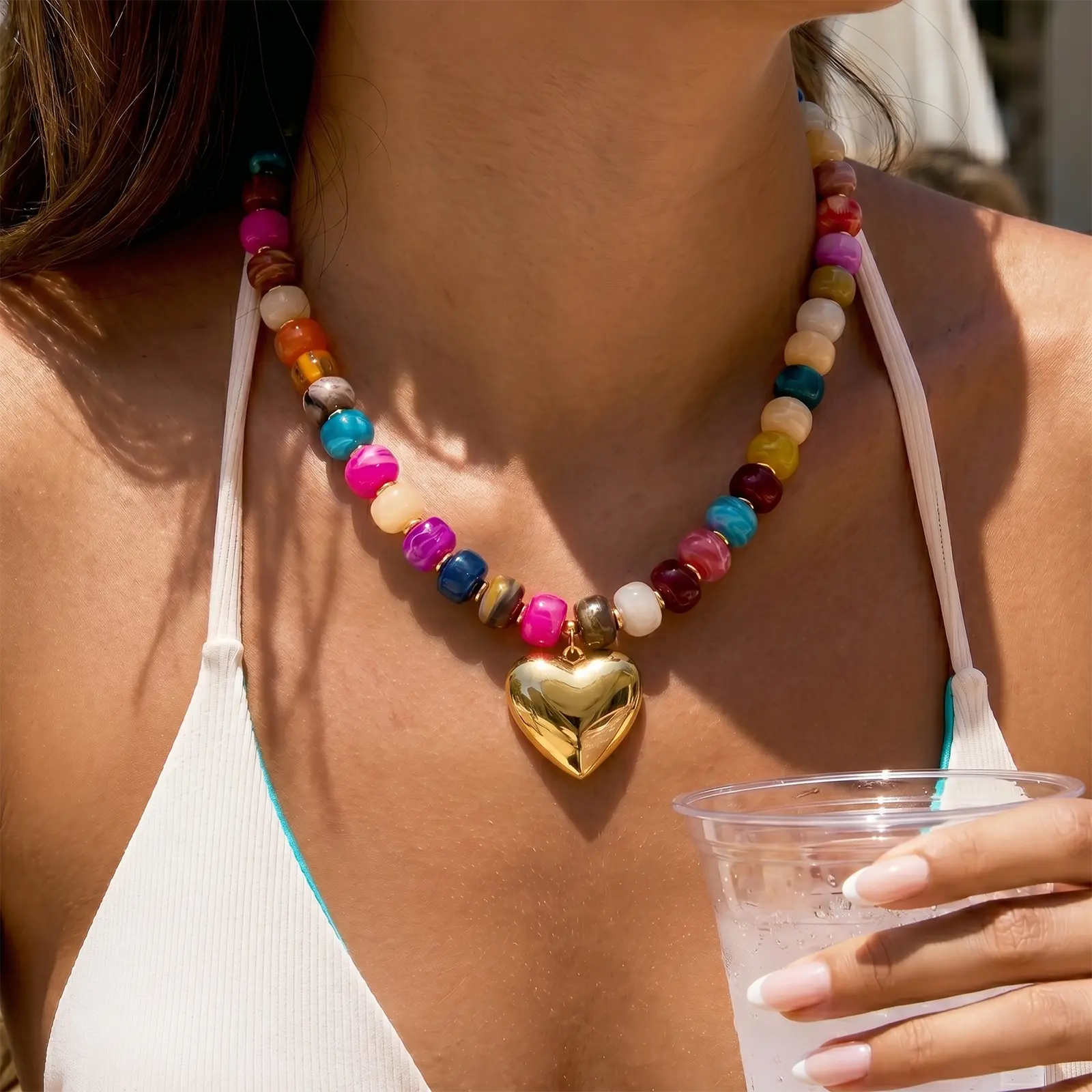 Gold Heart Necklaces For Women Chunky Acrylic Beaded Necklace in Several Colorways Fashion Heart Choker Statement y2k NecklaceSummer Beach Jewelry Gift