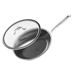 XBM Hybrid Nonstick Frying Pan with Tempered Glass Lid, Tri-Ply Stainless Steel Honeycomb Skillet, Healthy PTFE/PFOA Free Ceramic Coating, Stay-Cool Handle, Induction Ready & Oven Safe