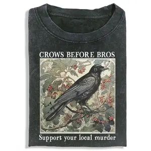 Crows Before Bros Support Your Local Murder Graphic T-Shirt, Vintage Art Nouveau Crow Print Tee, Acid Wash Oversized 【100% cotton】 Shirt, Gothic Cottagecore Casual Short Sleeve Top, Whimsical Dark Academia Cotton Tee for Crow Lovers
