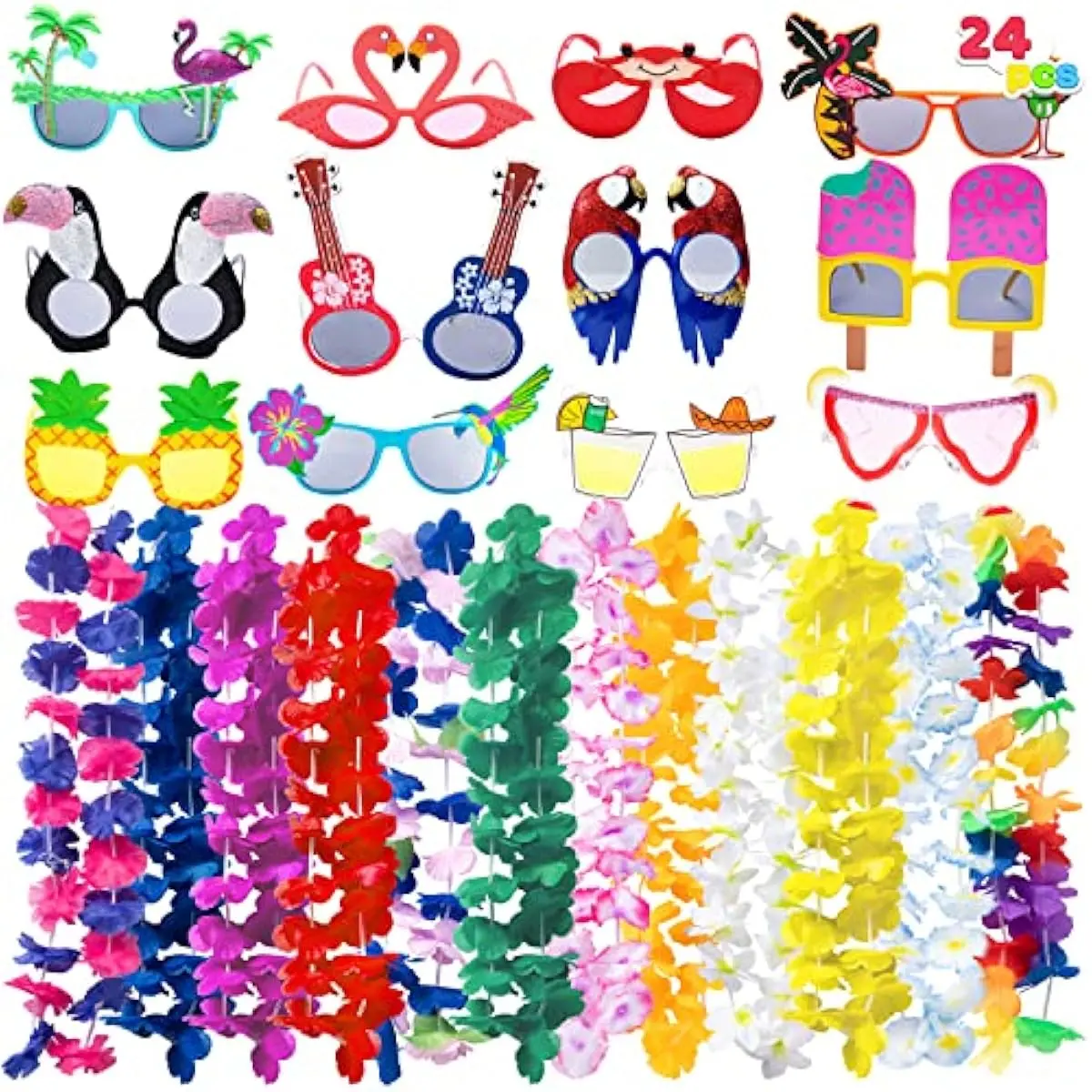 12 Pieces Luau Party Glasses and 12 Pieces Hawaiian Leis, Flowers Leis Garlands Novelty Sunglasses, Tropical Birthday Summer Beach Party Decoration Supplies