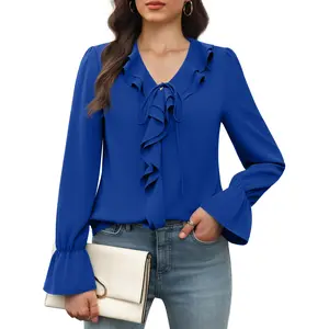 Funlingo Women's Long Sleeve Chiffon Blouse - V Neck, Ruffle Cuffs, Tunic Top with Chic, Feminine, Elegant, Breathable Fabric for Dressy Casual, Outdoor Fun Wear