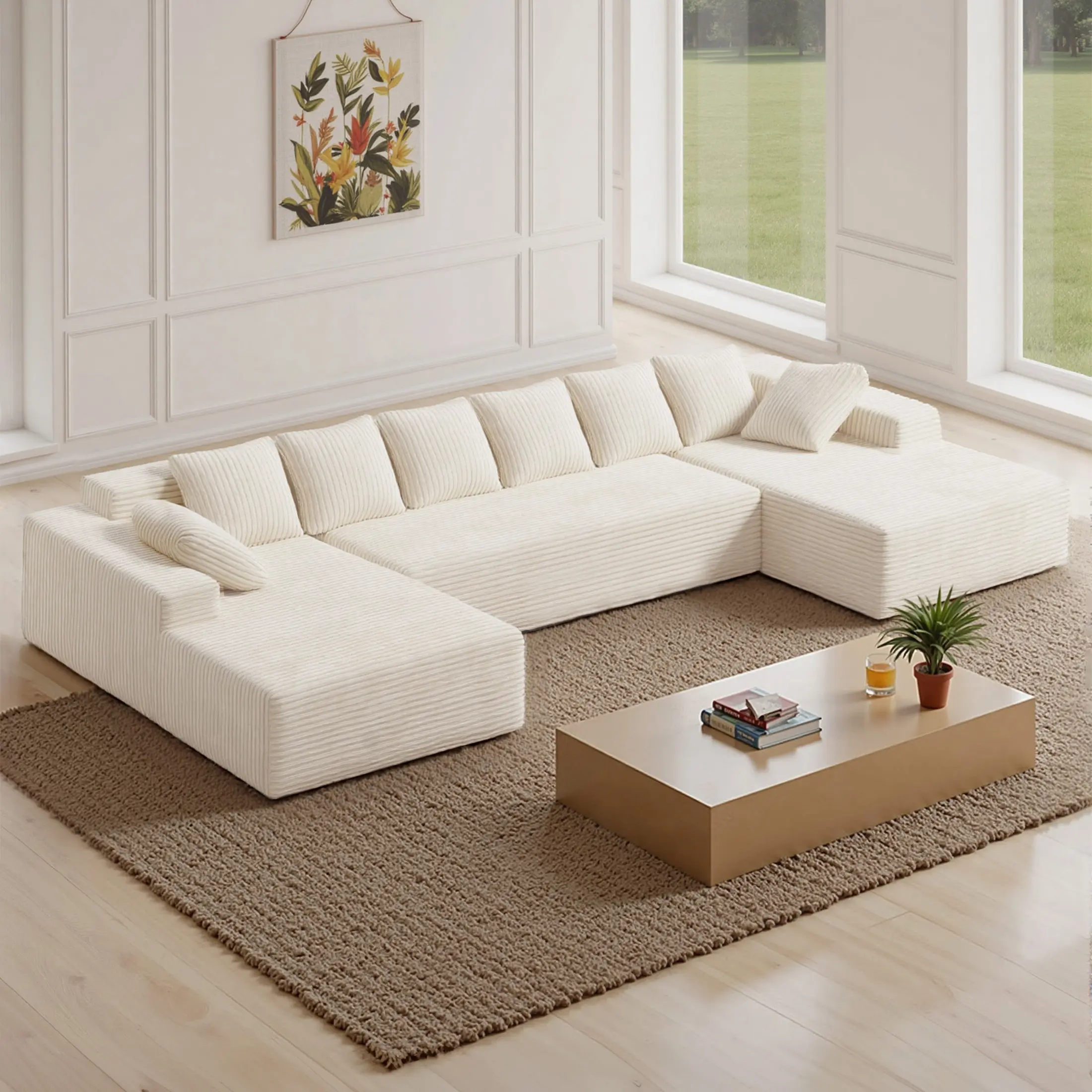 131'' U-Shaped Corduroy Configurable Sectional Sofa with Chaise Lounge, 1-Piece No-Assembly Assembled Durable Cloud-Soft Deep-Seat Modular Sofa Set for Living Room (3 Packages Shipping), Corduroy Sofa, Assembled Sofa Sets