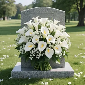 Simulation cemetery bouquet, Artificial flower arrangements, white calla lilies with baby's breath combination, suitable for holidays and cemeteries, no maintenance required, long-lasting and vibrant decoration