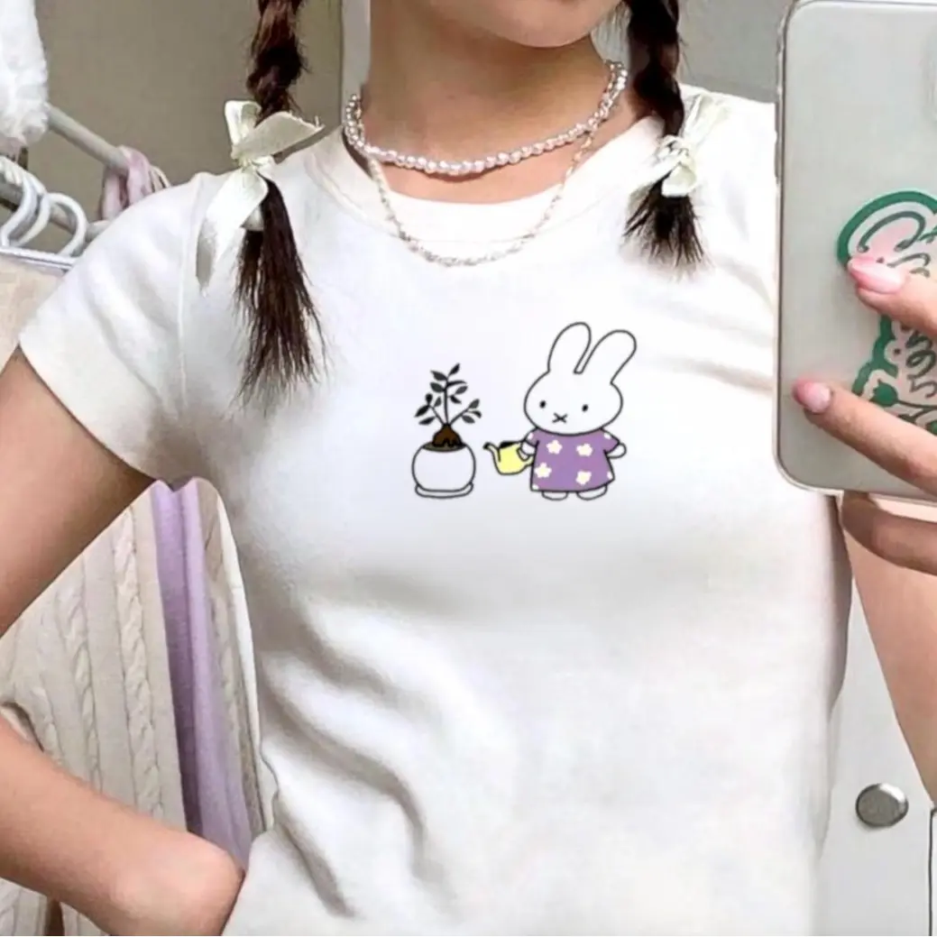 Miffy Bunny Plant T-Shirt Y2K Baby Tee | Cute Miffy Plant T-Shirt Y2K Baby Tee | Coquette Cottage Core Forest Core Bunny Graphic T Shirt | Gift for Women & Teen Girls