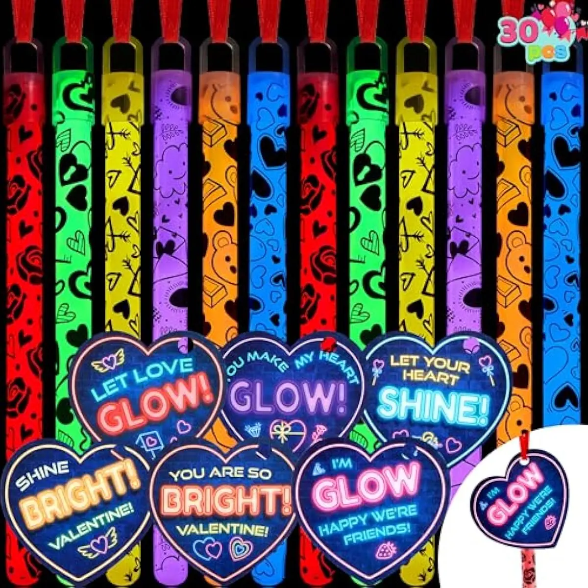 30 Packs Valentine's Day Gifts Cards with Bright Large Glow Sticks for Valentine's Party Favors, Waterproof Glow Sticks for Valentines Classroom Exchange Toy, Valentine School Classroom Prizes