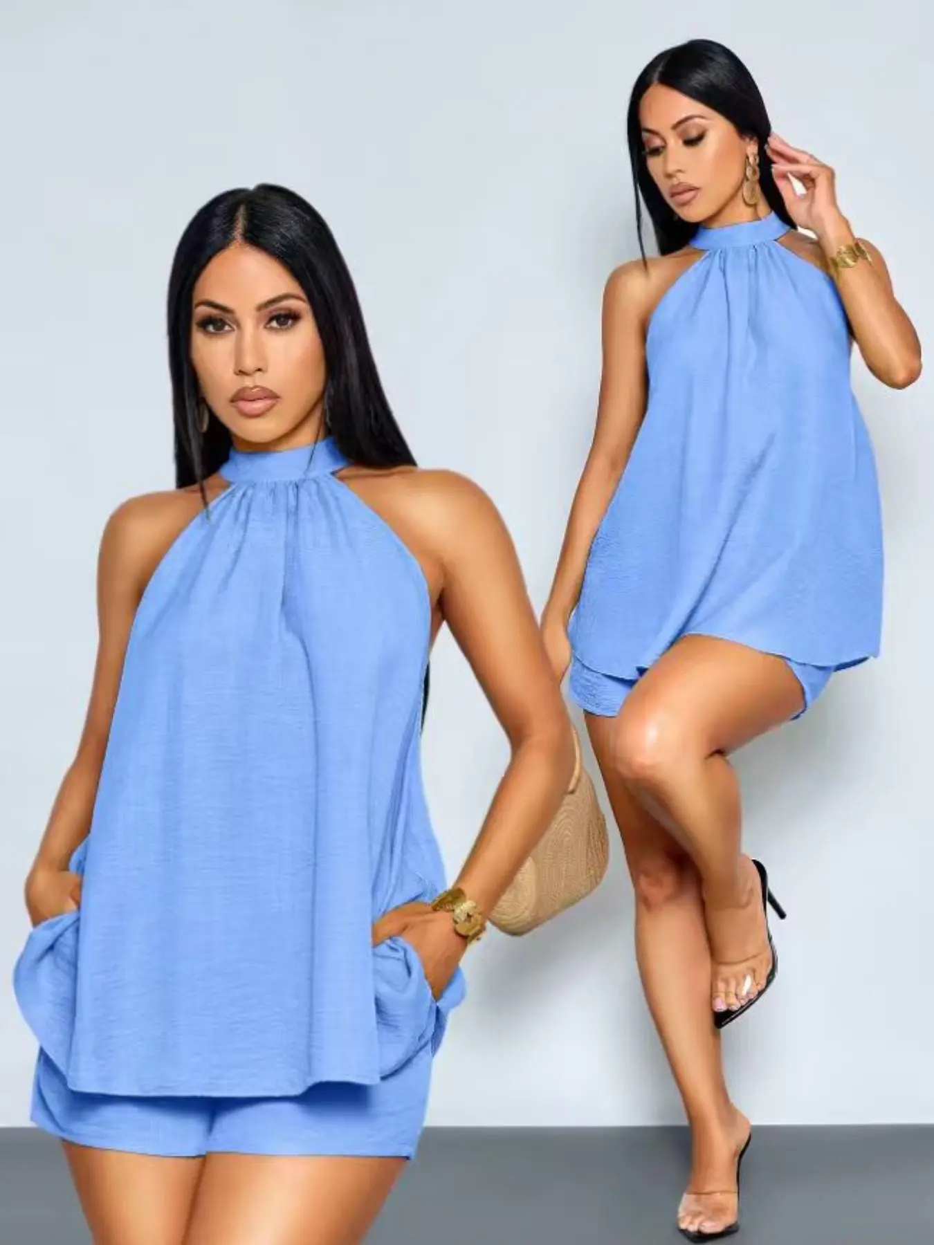 Elegant Casual Beach Vacation Two-Piece Set for Women, Halter Neck Asymmetrical Top with Matching Shorts, Perfect for Dates and Parties