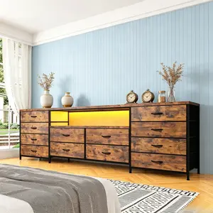 63 Inch Wide TV Stand Dresser with LED Light and Power Outlet, 12 Drawers Fabric Entertainment Center Console Table, Modern Media Cabinet Fit 65 70 75 Inch TV, Multifunctional Storage Dresser for Bedroom Living Room Home Decor