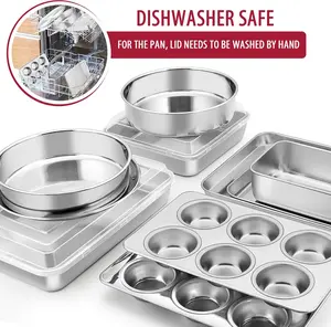E-far 12-Piece Stainless Steel Bakeware Sets, Metal Baking Pan Set Include Round Cake Pans, Square/Rectangle Baking Pans with Lids, Cookie Sheet, Loaf/Muffin/Pizza Pan, Non-toxic & Dishwasher Safe