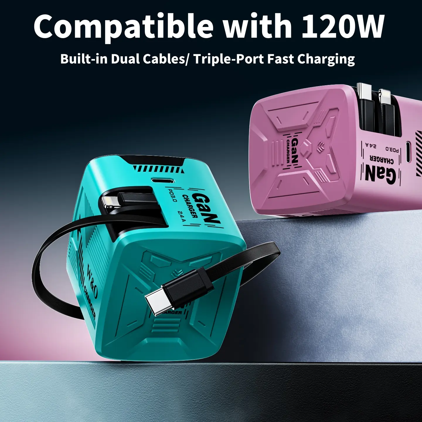 W&O 3-in-1 GaN Charger |1.2m Retractable Dual Cables (Lightning + Type-C) & Extra Type-C Port | Compatible with 120W Super Fast Charging | Foldable Wall Plug | Multi-Device Universal Travel Power Adapter