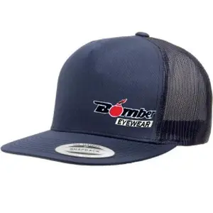 FLAT BILL NAVY SNAPBACK TRUCKER HAT WITH BOMBER LOGO