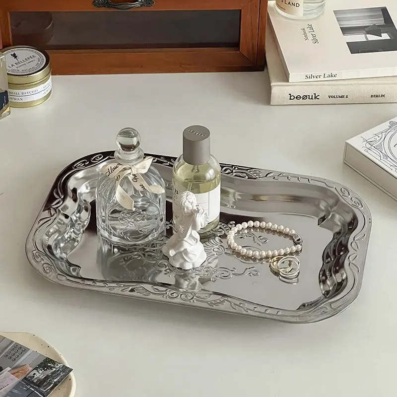 Vintage Relief Desktop Storage Plate, Perfume Cosmetics Organizer Tray, Silver Color Stainless Steel Dish, Home Decor Accessory, Makeup Organizer Box, Home Decor Organiser, Durable Storage Organizer, Cosmetic Organizers