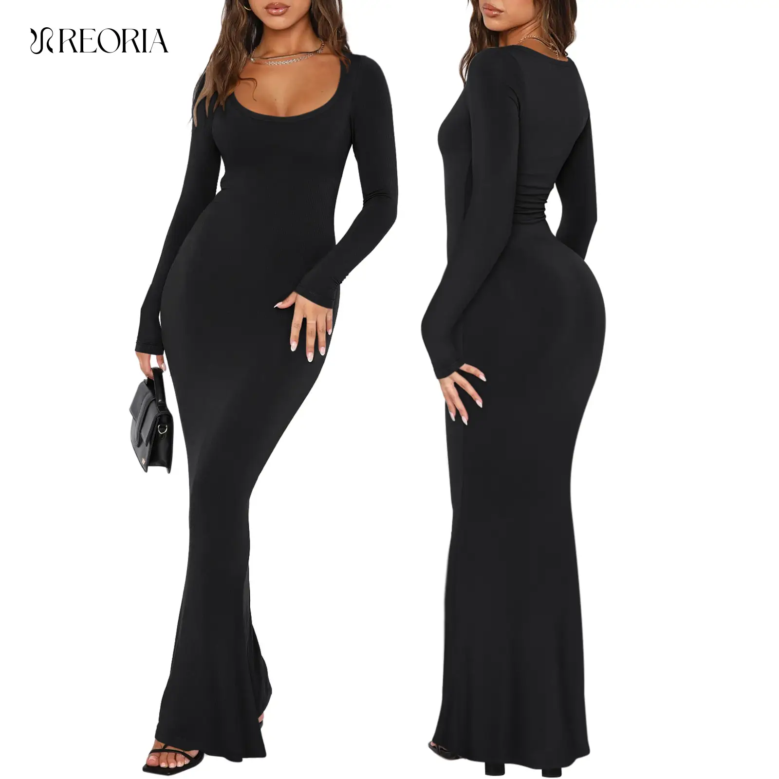 REORIA Fallfreshness Women's Sexy Scoop Neck Long Sleeve Lounge Long Dress Summer Outdoorfun Ribbed Bodycon Maxi Dresses Fall Winter Layer Casual Fabr