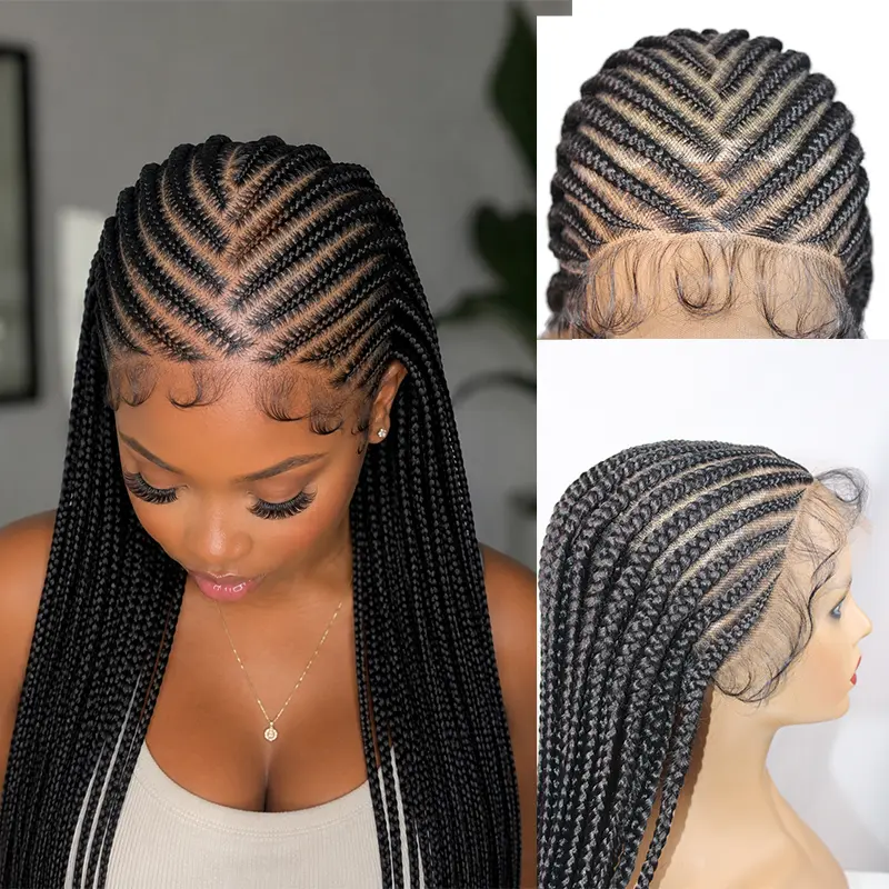 36 Inch Straight Back Fulani Braided Wig Glueless Full Lace Handmade Feed In Cornrow Braided Wig With Natural Baby Hair Realistic Synthetic Braiding Hair Protective Style Wig For Black Women #FulaniBraids #StraightBackBraids #FeedInCornrows #GluelessWig