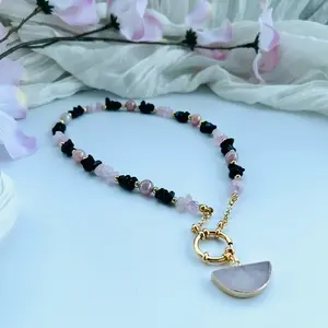 Blush Eclipse Necklace Handcrafted with Natural Black Obsidian Radiant Sunstone and Soft Pink Quartz for Elegant Style