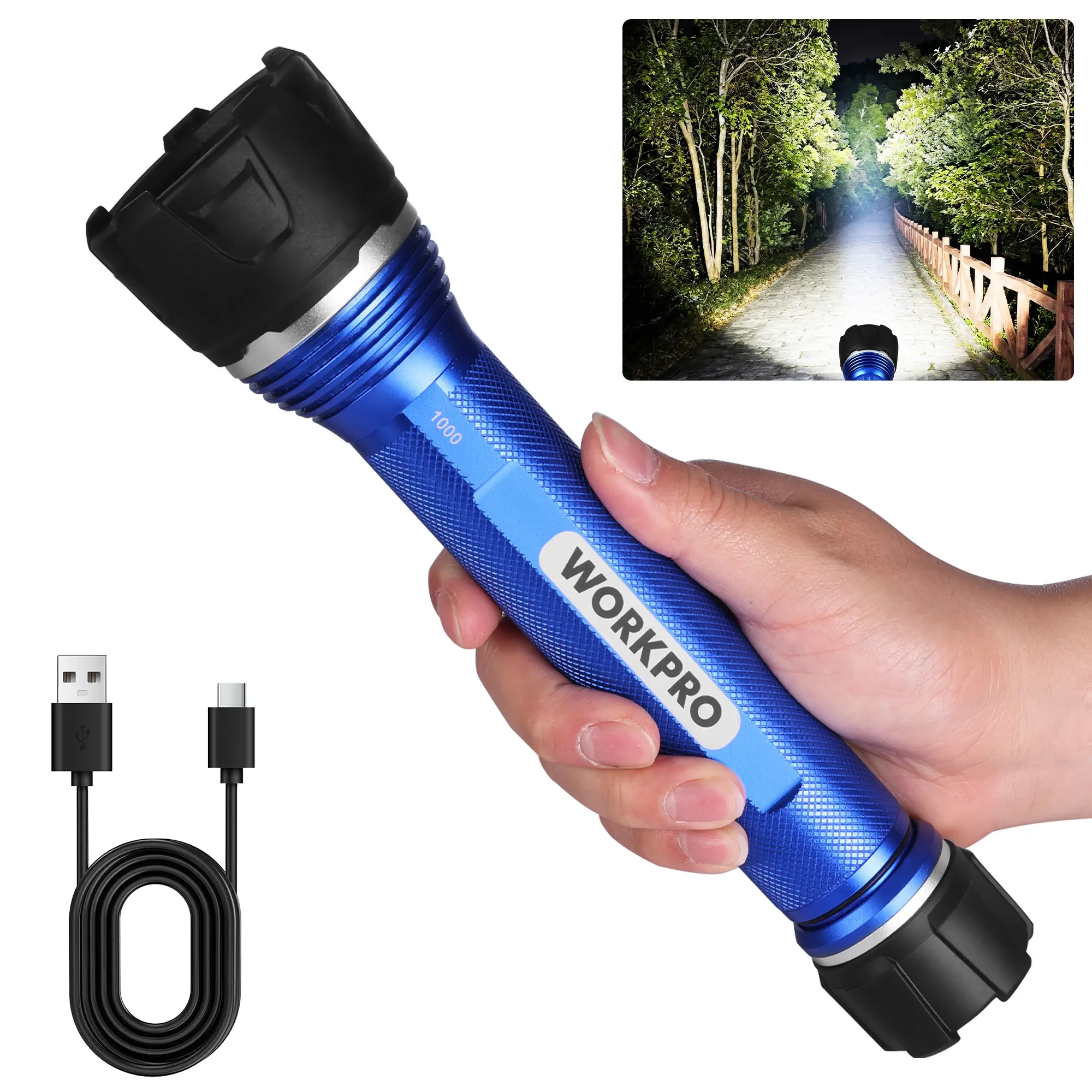 WORKPRO Rechargeable LED Flashlight, High Lumens IPX7 Waterproof Heavy-Duty Flash Light, 3 Mode Super Bright Handheld Aluminum Flashlight for Home, Camping, Hiking, Emergency