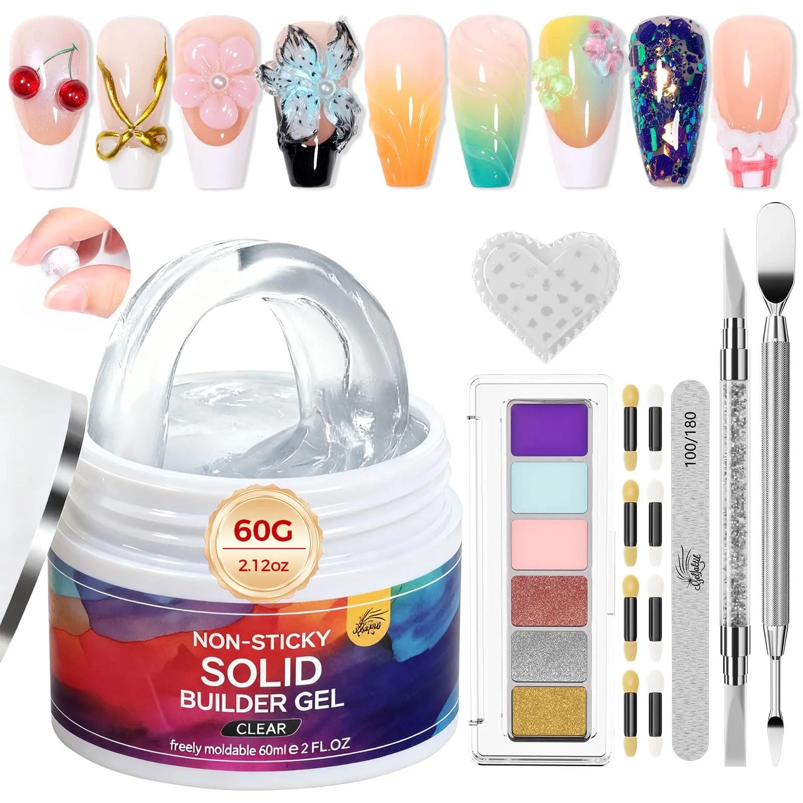 GELLAKTIK All-in-One Solid Builder Nail Gel Kit: 60g Hard Gel with 3D Mold, 6-Color Powders & Nail Art Tools (Nail File, Cuticle Pusher, Pen), Non-Sticky for Nail Extension, DIY Salon, UV/LED Cured Polygel Nail Kit Clear Manicure Gel Nail Sticker Set