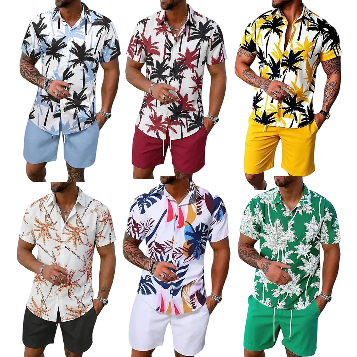 Men's Hawaiian 2 Piece Set, Tropical Print Button Up Shirt and Shorts Outfit for Summer Beach Vacation, Lightweight and Quick-Dry, 2 Piece Sets, Men's 2 Piece Sets