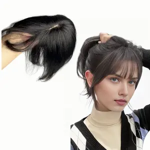 100% Human Hair Toppers Clip In Hairpieces With 3D Air Bangs Hair For Women Mini Short Straight Hair Bangs Toupee Small Mid Part Wiglets for Mild Hair Loss Volume Cover Gray Hair
