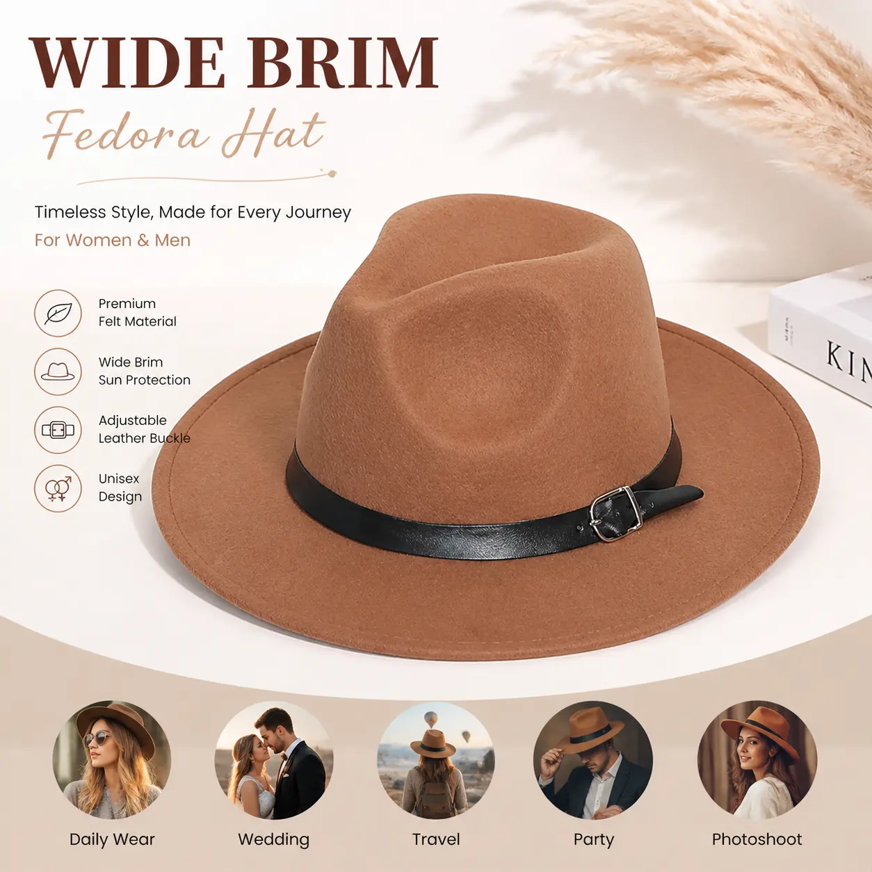 Women Solid Color Felt Wide Brim Fedora Hat Unisex, Adjustable Leather Buckle Hatband Vintage Jazz Panama Hat For Women Men Daily Wear Wedding Party Travel Photoshoot