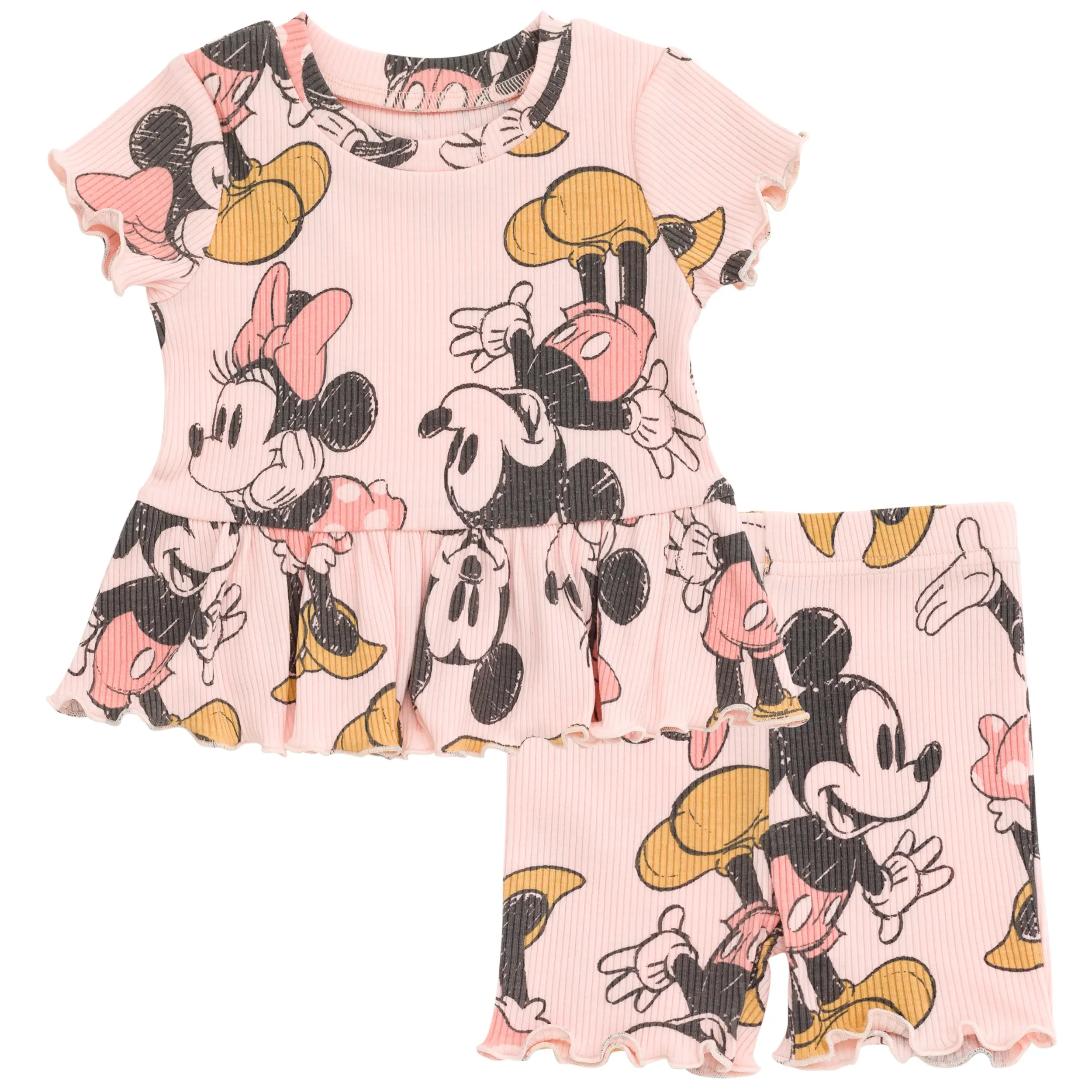 Disney Minnie Mouse Characters 2-Piece Baby Girls' Cotton Blend Outfit, 0-3 Months Short Sleeve Ribbed Knit Ruffle Tee & All Over Print Shorts, Mickey Pink Infant, Short Sleeve Tops