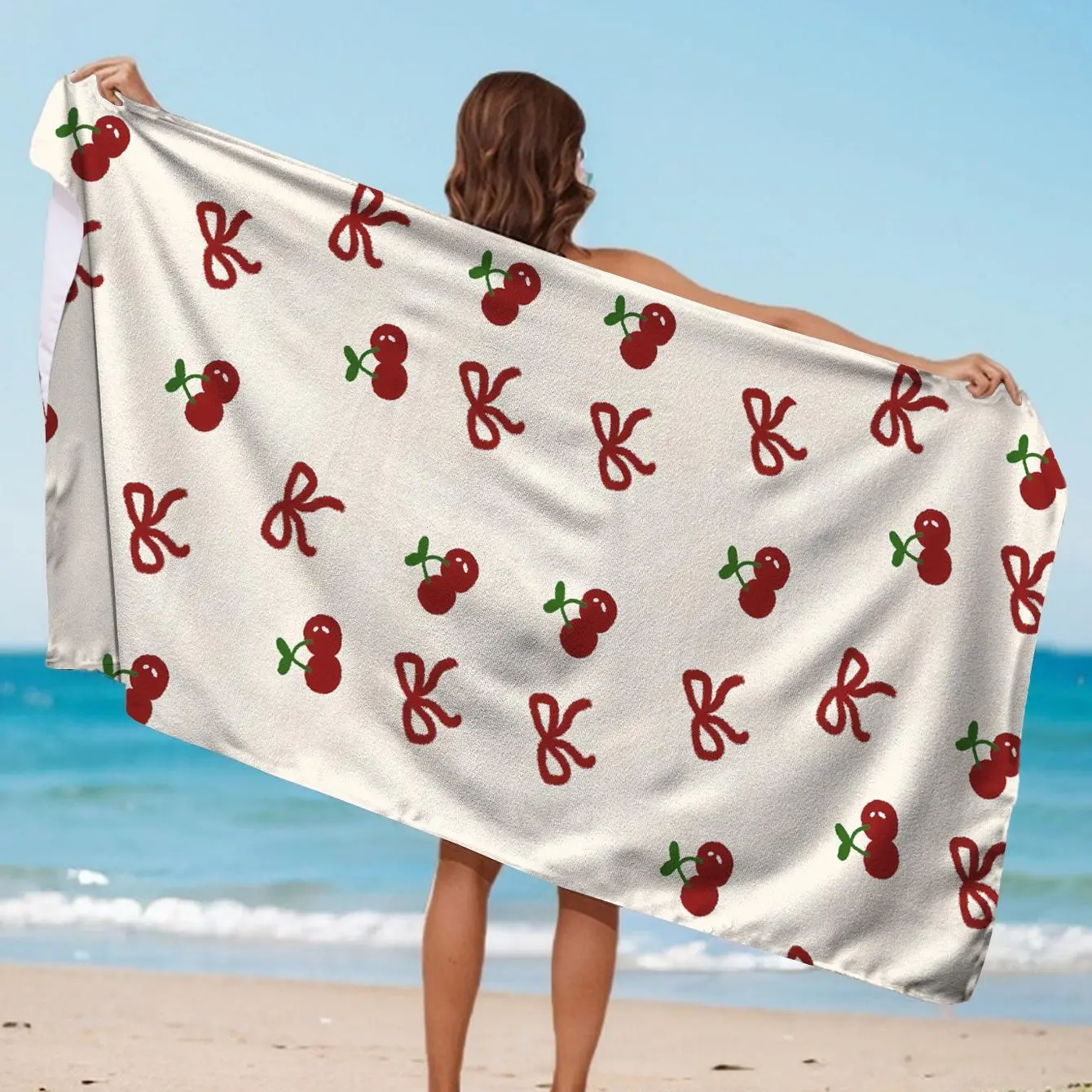 A creative cherry pattern beach towel, suitable for girls. It is a light, quick-drying, super absorbent beach swimming towel, perfect for travel, showers, bathtubs and swimming pools Absorbent Breathable Towel